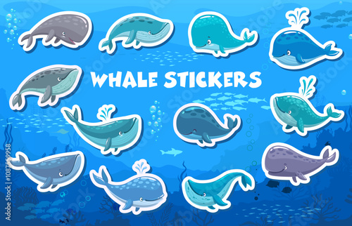 Stickers of cartoon funny whales characters. Cute underwater animals vector personages of blue, sperm and humpback whales swimming with water fountains. Happy water animals stickers pack