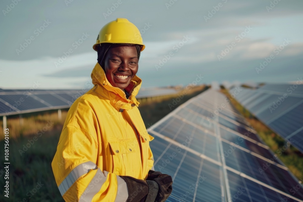 Happy African American female employee working at a solar plant Happy African American female employee working at a solar plant