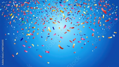 Festive confetti falling on a bright blue background