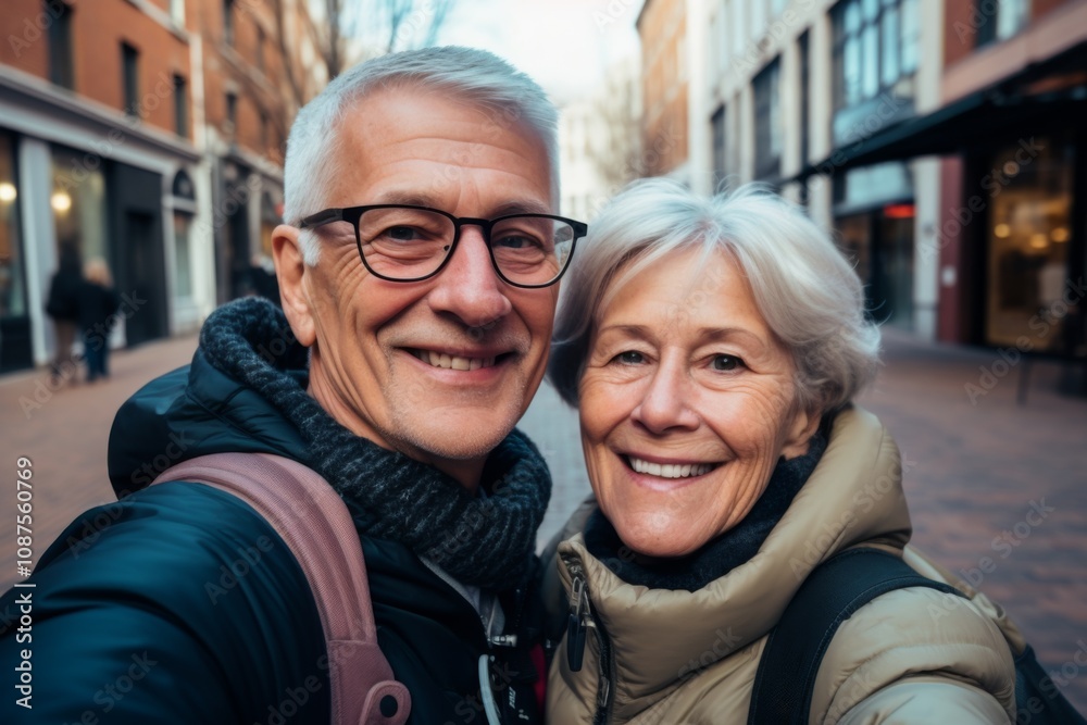 Close up of a senior couple taking selfie while walking in the city Close up of a senior couple taking selfie while walking in the city