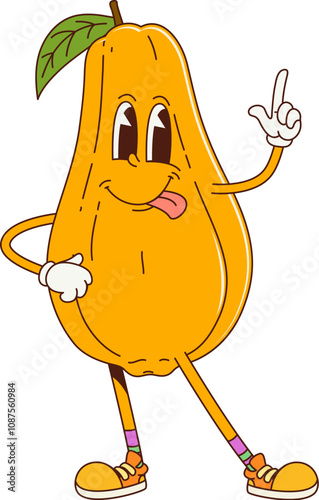 Cartoon retro groovy papaya fruit character with a joyful expression, wearing sneakers and making pointing sign. Vector tropical fruit exudes a fun, energetic, and nostalgic vibe with sticking tongue