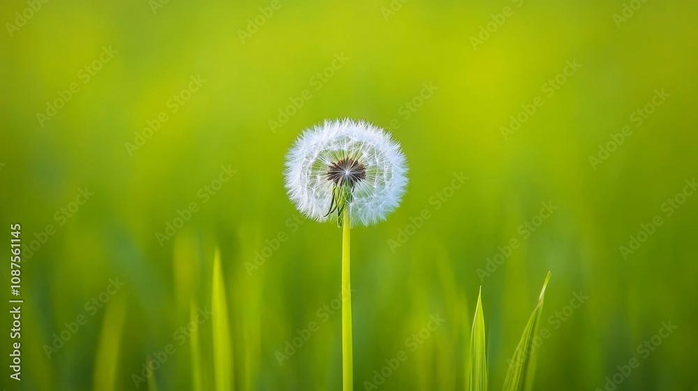 A single dandelion with a white seed head stands out against a field of green grass and a blurred green background. A single dandelion with a white seed head stands out against a field of green grass and a blurred green background.