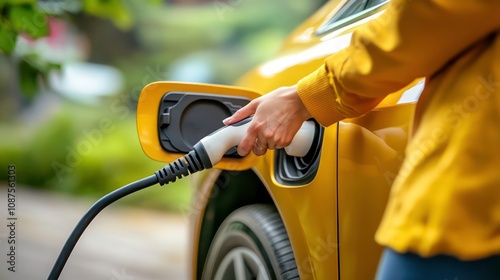 A close-up of a person plugging an electric vehicle into a charging station, showing the shift toward green energy photo