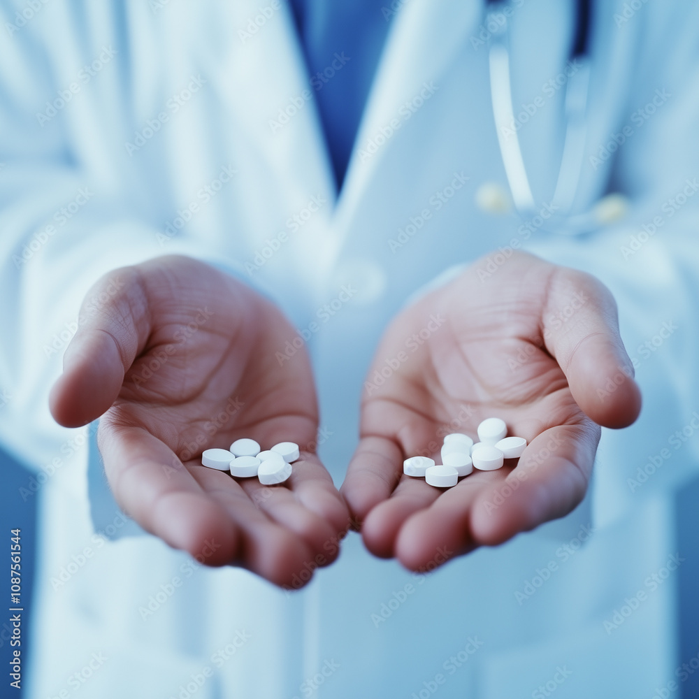 © nina blez - A close-up of a doctor holding white pills in his palms and holding out his hands for selection. choosing between different types of medications and approaches to patients.