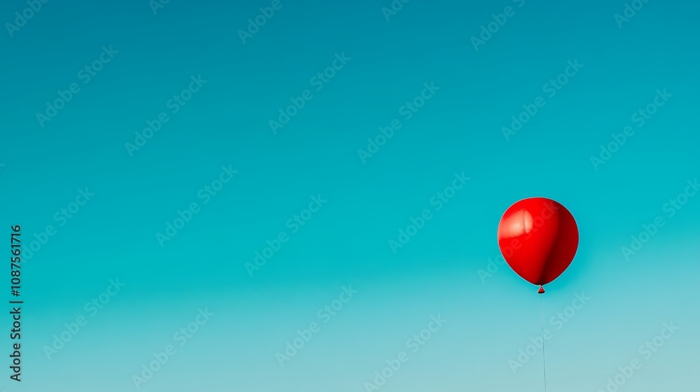 A single red balloon floats in a bright blue sky. A single red balloon floats in a bright blue sky.