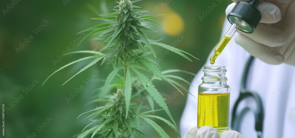 The doctor's hand holds a bottle of cannabis oil next to a marijuana plant, a CBD oil pipette. Cannabis prescription for personal use, legal light drugs.
The doctor's hand holds a bottle of cannabis oil next to a marijuana plant, a CBD oil pipette. Cannabis prescription for personal use, legal light drugs.