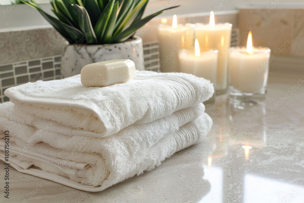 Bathroom Towels. Freshly Laundered Towels Stack on Countertop with Aromatic Candles Bathroom Towels. Freshly Laundered Towels Stack on Countertop with Aromatic Candles