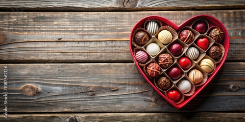 A Heart Shaped Box of Assorted Chocolate Truffles on a Weathered Wooden Background