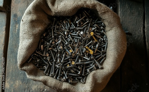 A burlap sack filled with many metal bolts photo