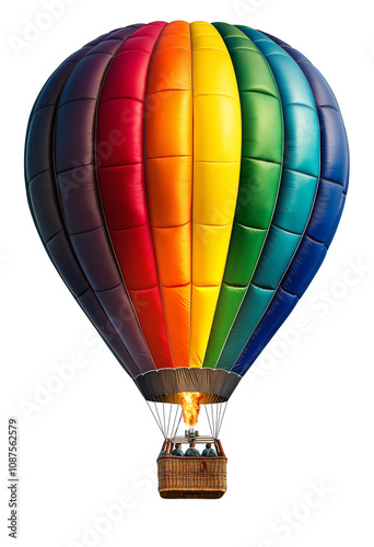 colorful rainbow hot air balloon isolated on white background. aircraft with detailed basket and passengers in colors tolerance and peace concept. photo