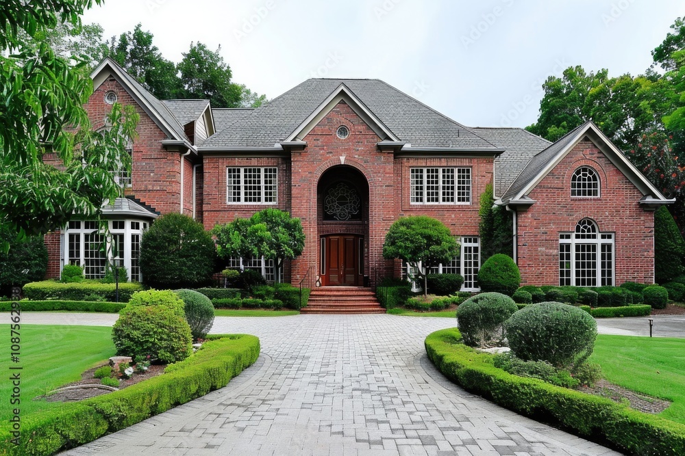 Brick Home Exterior. Classic American Architecture with Curb Appeal and Spacious Driveway Brick Home Exterior. Classic American Architecture with Curb Appeal and Spacious Driveway
