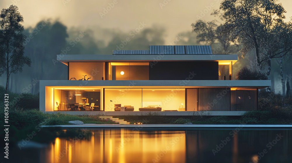 A modern smart home with ambient lighting and solar panels beside a serene water body at twilight A modern smart home with ambient lighting and solar panels beside a serene water body at twilight