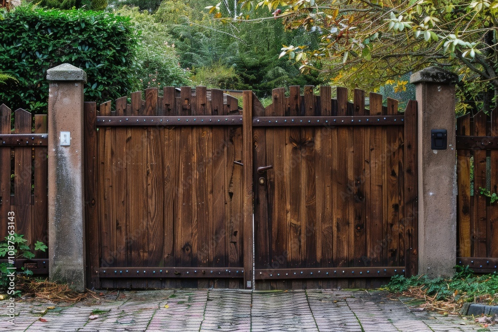 Brown Fence. Portal Wooden Gate of Private House in Suburban Home