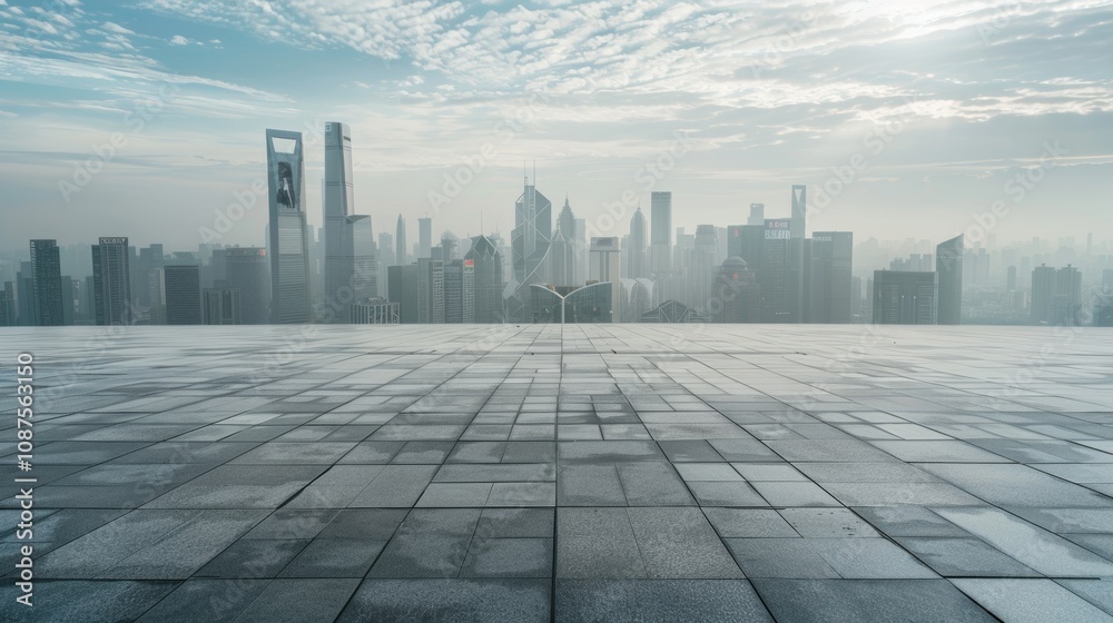 Empty square floor with city skyline background, Contemporary urban square showcasing architectural diversity, aerial view Empty square floor with city skyline background, Contemporary urban square showcasing architectural diversity, aerial view