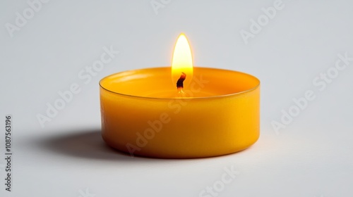 A single yellow tea light candle is burning brightly on a white background, casting a soft shadow.