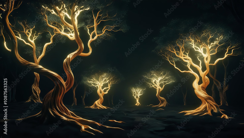 Obraz premium Dark enchanted forest with twisted trees and glowing lights creates eerie feeling, inviting exploration and wonder in this captivating 3D illustration