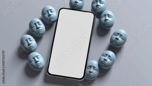 smartphone surrounded by blue face sculptures on gray background, creating unique artistic composition. blank screen invites creativity and imagination