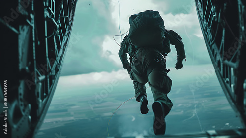 A Paratrooper Performing a Static Line Jump with the Parachute Opening Above, Demonstrating Precision and Skill in a High-Altitude Military Drop During an Airborne Operation

 photo