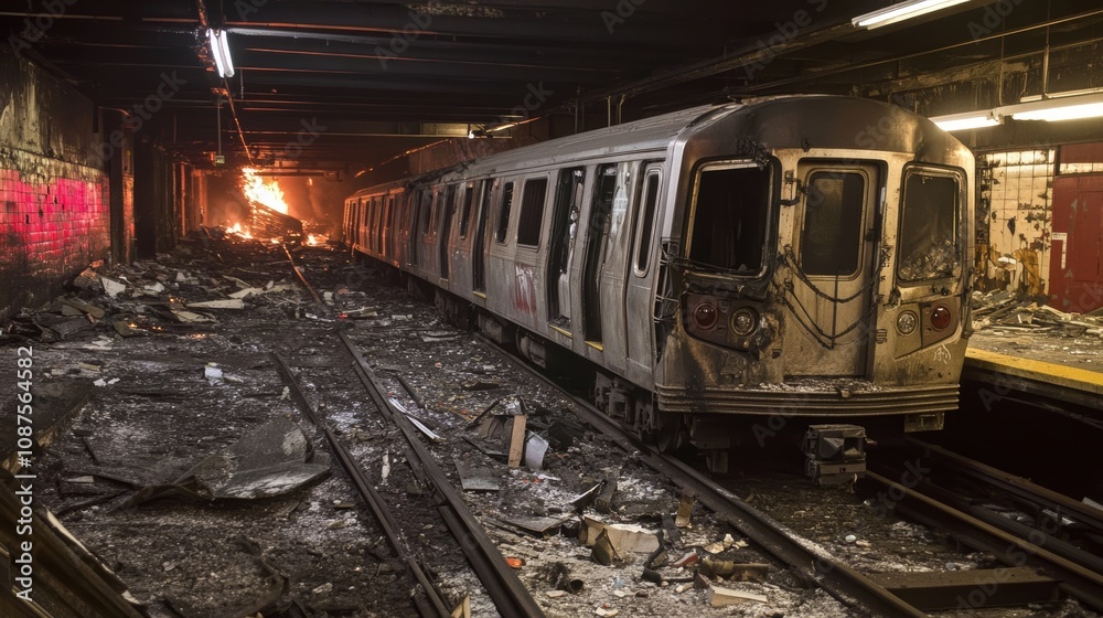 A subway train sits on tracks in a darkened station, smoke and debris surrounding it.