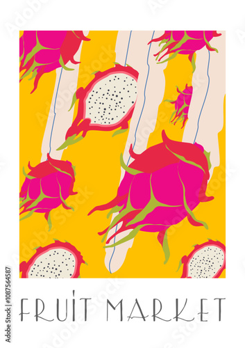 Poster in a abstract draw design. Fruit Market retro poster with dragon fruits branch and leaves. Modern interior decoration.