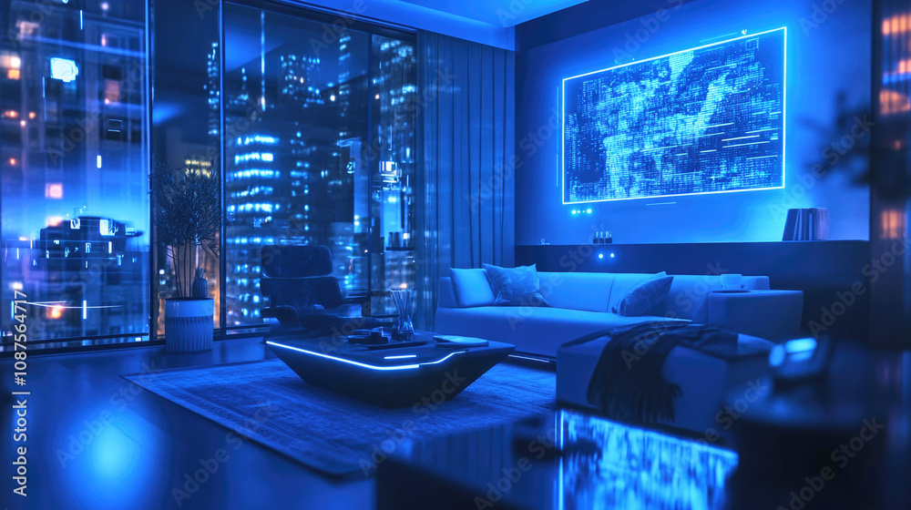 Futuristic living room with holographic displays and ambient lighting in a modern city setting Futuristic living room with holographic displays and ambient lighting in a modern city setting