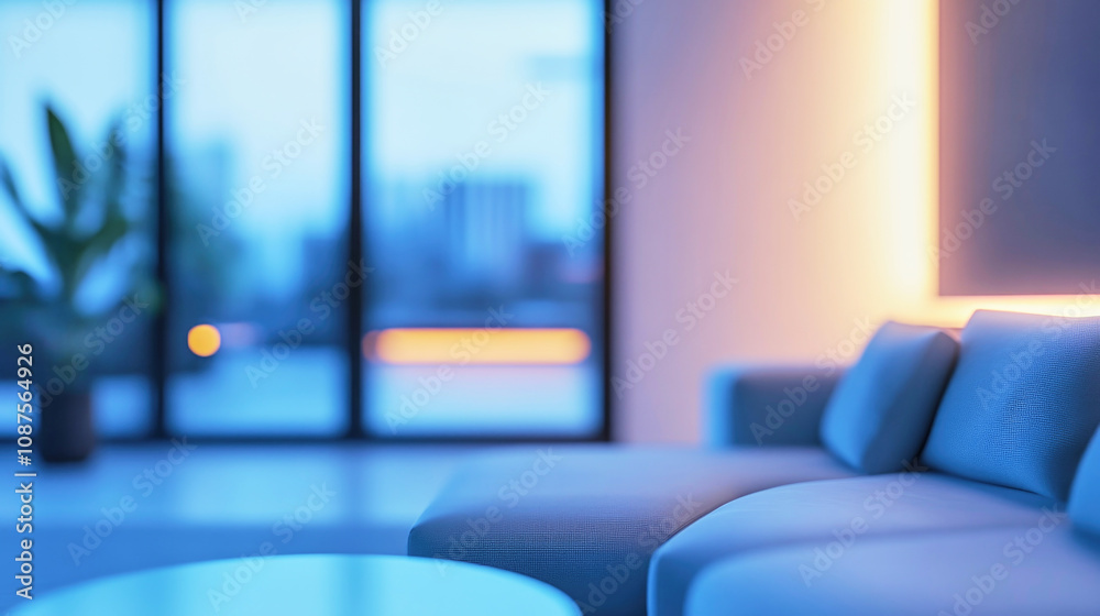 Blurred futuristic smart home living room with ambient lighting and minimalist furniture