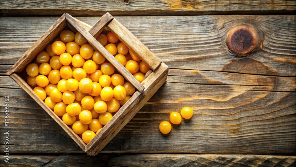 A wooden crate overflowing with vibrant yellow cherry tomatoes, showcasing the beauty of simple nature