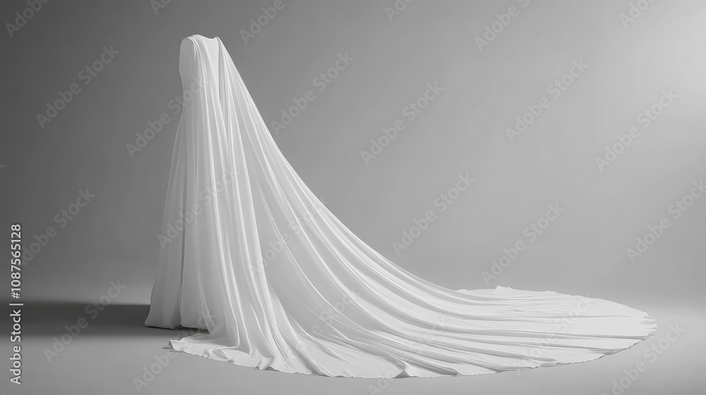 Elegant White Draped Gown with a Long Train, Studio Shot Elegant White Draped Gown with a Long Train, Studio Shot