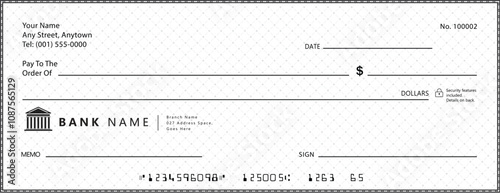 Empty money Cheque. Bank check. check book template with pattern and blank fields. Currency payment coupon, US dollar check background.