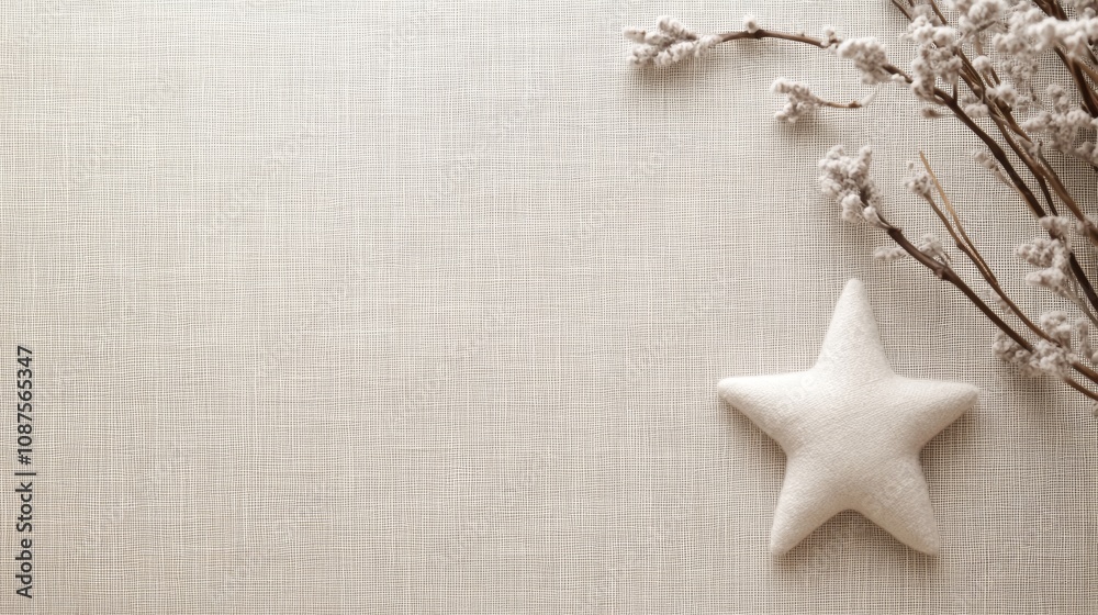 A white star shaped cushion on a beige linen background with dried white flowers. A white star shaped cushion on a beige linen background with dried white flowers.