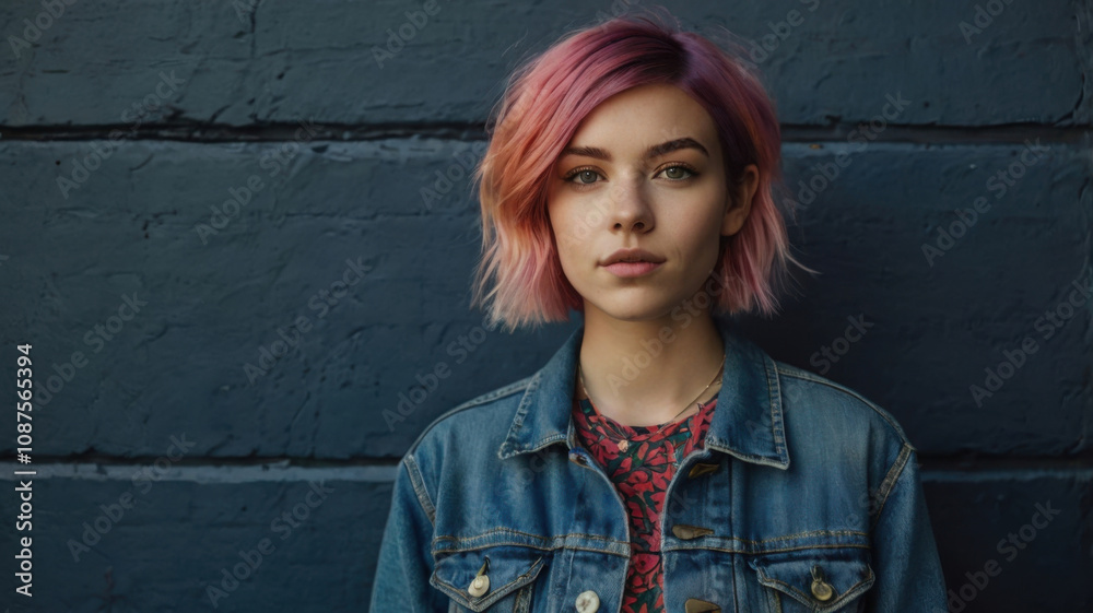 Hermosa joven hípster con peinado colorido de moda y chaqueta denim
Hermosa joven hípster con peinado colorido de moda y chaqueta denim