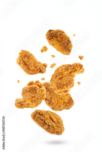 Falling fried chicken wings on white background	