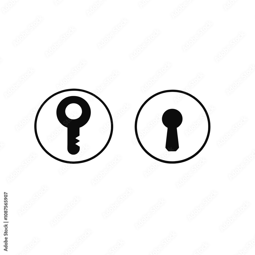 two circular icons, one in black and the other in black. The black icon on the left is a key, two circular icons, one in black and the other in black. The black icon on the left is a key,