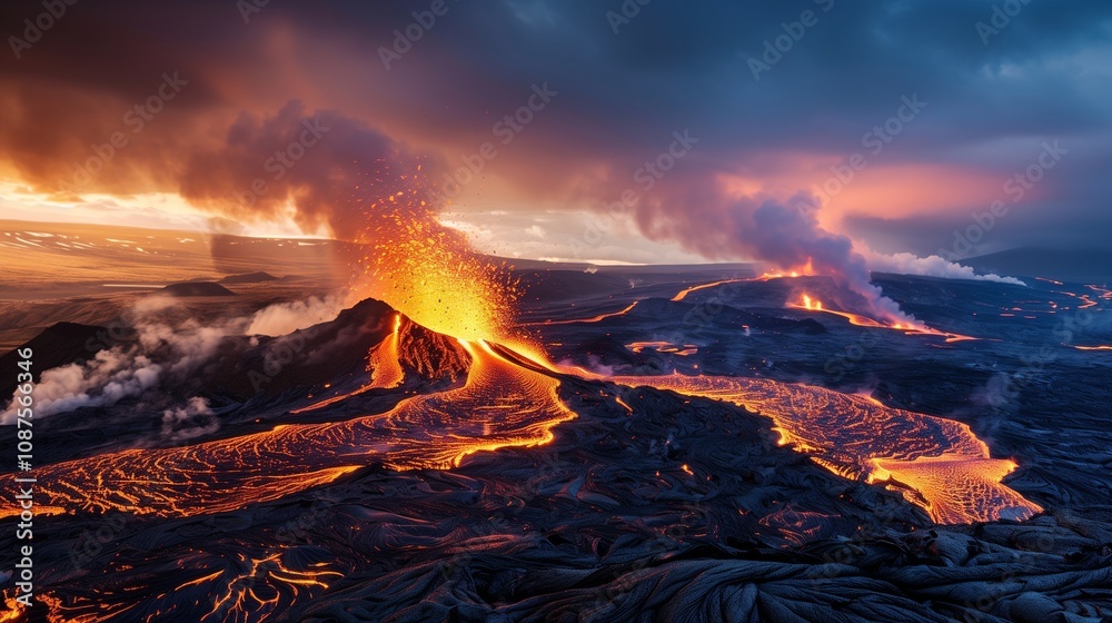 Fototapeta premium The majestic Mount Fagradalsfjall in Iceland erupts in a breathtaking display of natural power. 