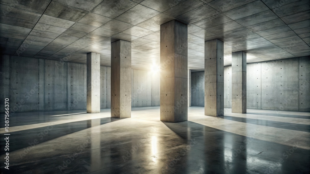Sunlight Illuminates a Large Empty Concrete Room with Supporting Pillars Sunlight Illuminates a Large Empty Concrete Room with Supporting Pillars