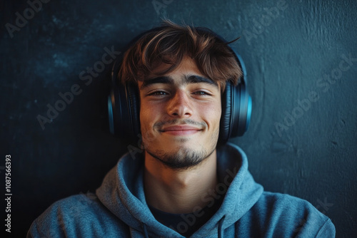 A smiling European male with headphones embodies the concept of enjoying life against a blue background, creating a cheerful and vibrant mock-up perfect for lifestyle themes