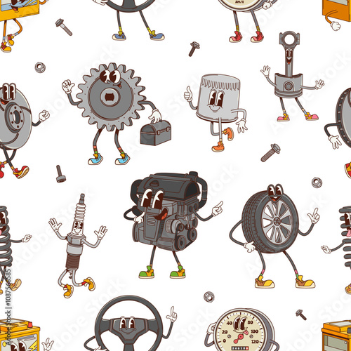Groovy car spare parts and tools characters seamless pattern, vector background. Retro cartoon comic groovy car spare parts pattern of funny engine with cheerful face and tire wheel with freaky smile