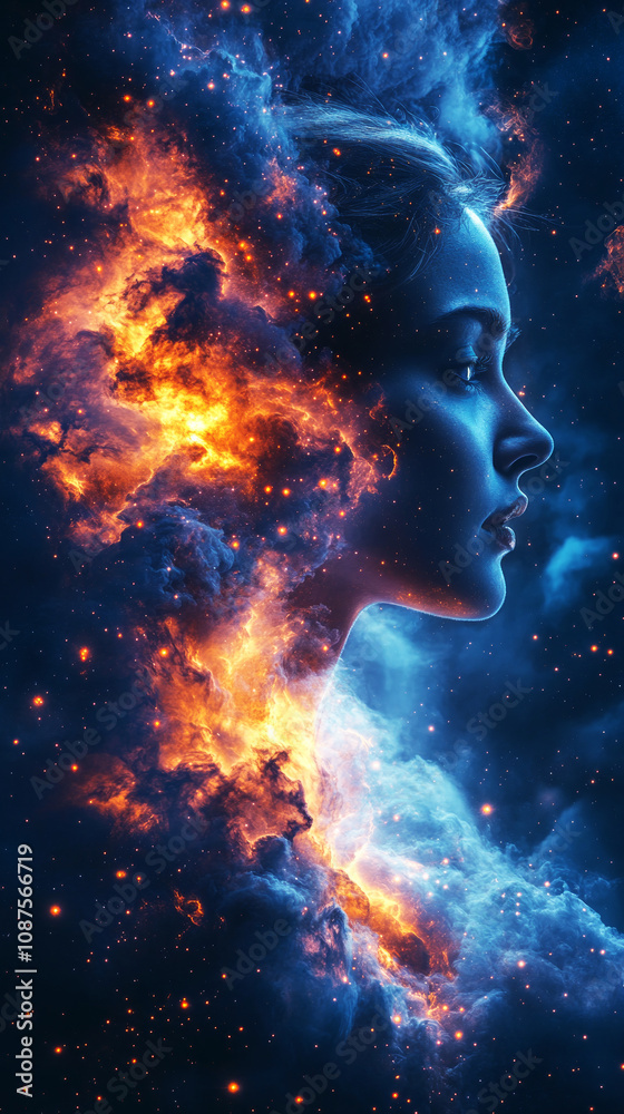 Stunning cosmic double exposure of a woman's face surrounded by vibrant nebula clouds. The stars and galaxies bring an ethereal, mystical energy, connecting her to the universe