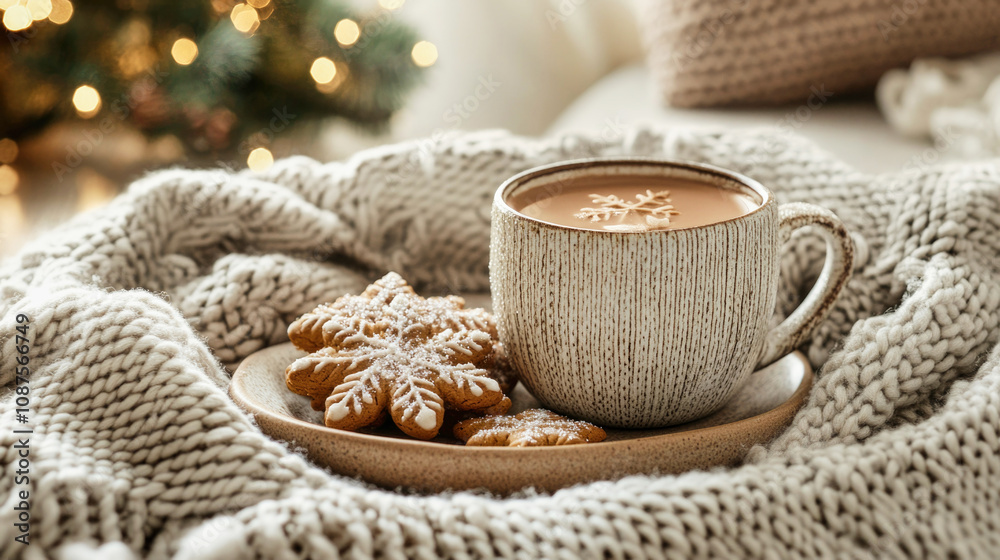 Cozy winter moment with hot chocolate and holiday cookies on a knitted blanket Cozy winter moment with hot chocolate and holiday cookies on a knitted blanket
