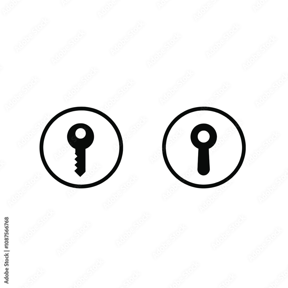 two circular icons, one in black and the other in black. The black icon on the left is a key, two circular icons, one in black and the other in black. The black icon on the left is a key,