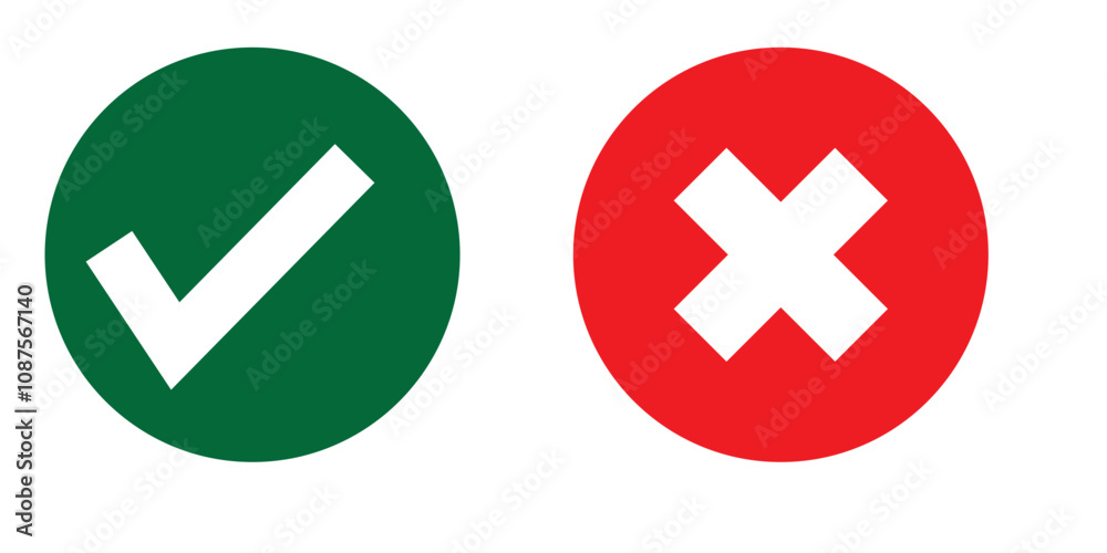 Check mark icon button set. Check box icon with right and wrong buttons and yes or no checkmark icons in green tick box and red cross. Isolated checkmark symbol, right and wrong sign concept. Check mark icon button set. Check box icon with right and wrong buttons and yes or no checkmark icons in green tick box and red cross. Isolated checkmark symbol, right and wrong sign concept.