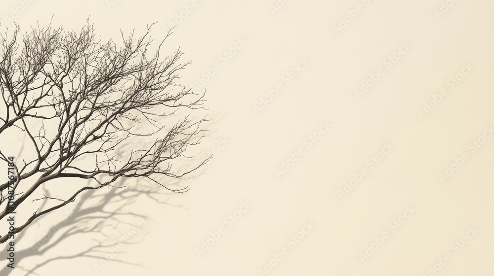 Fototapeta premium Bare tree branches casting a shadow on a beige wall, minimal aesthetic.