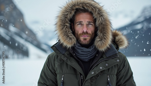 Handsome man in a warm parka with fur hood standing in the snowy mountains during winter
