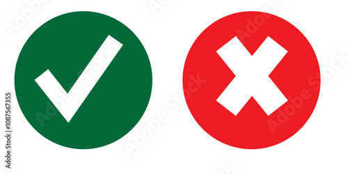 Check mark icon button set. Check box icon with right and wrong buttons and yes or no checkmark icons in green tick box and red cross. Isolated checkmark symbol, right and wrong sign concept.