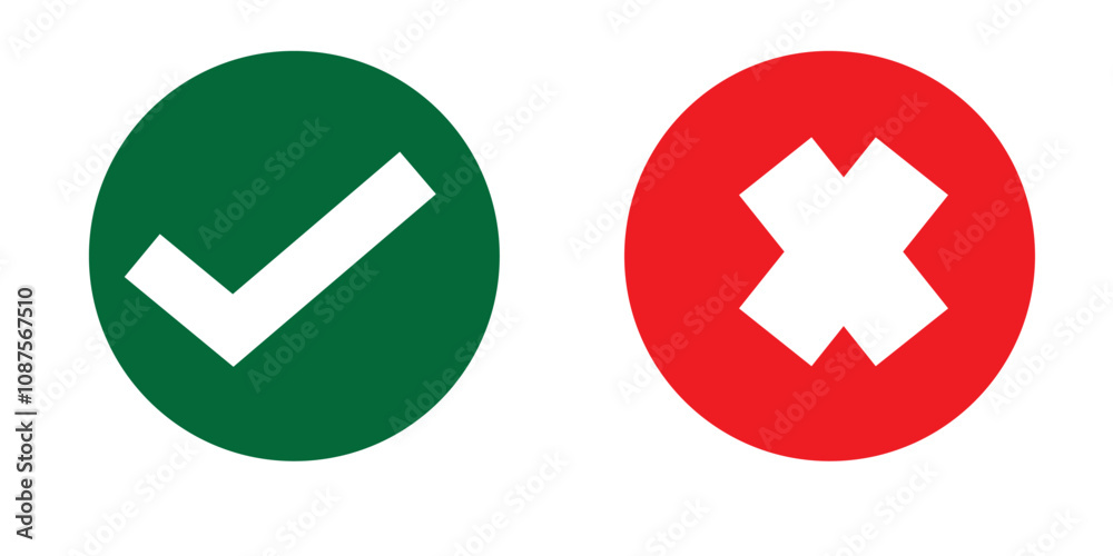 Check mark icon button set. Check box icon with right and wrong buttons and yes or no checkmark icons in green tick box and red cross. Isolated checkmark symbol, right and wrong sign concept.