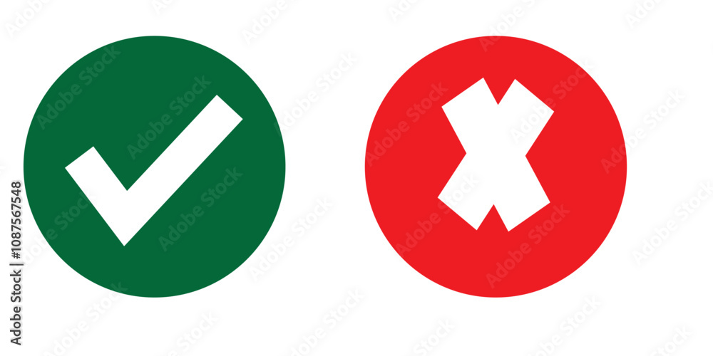 Check mark icon button set. Check box icon with right and wrong buttons and yes or no checkmark icons in green tick box and red cross. Isolated checkmark symbol, right and wrong sign concept.