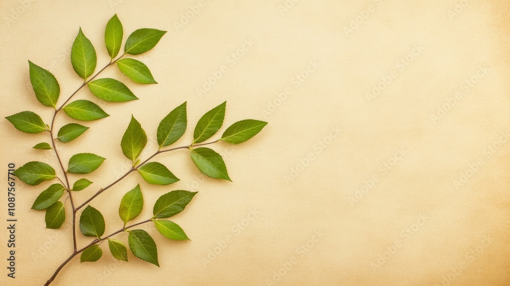Green leaves on a beige background with copy space. Green leaves on a beige background with copy space.