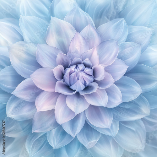 A large, pale blue dahlia flower is featured in a close-up shot