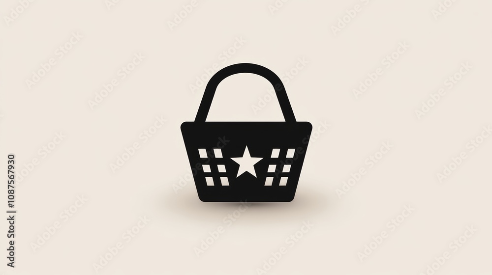 Simple black shopping basket icon with white star in the center, isolated on a light beige background. Simple black shopping basket icon with white star in the center, isolated on a light beige background.