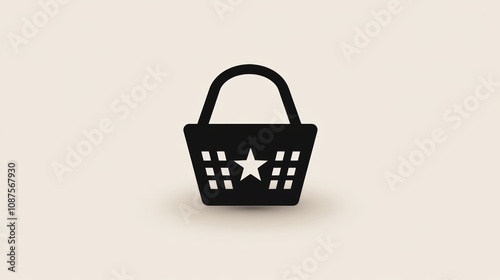 Simple black shopping basket icon with white star in the center, isolated on a light beige background.